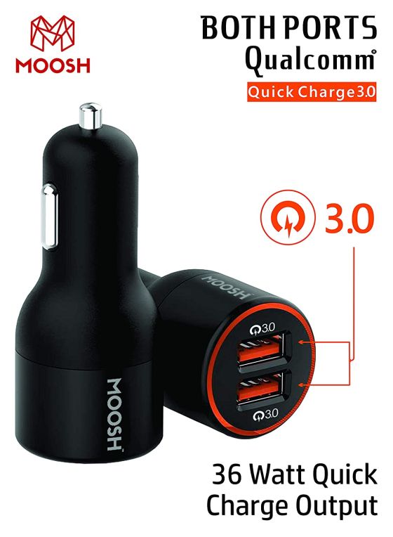 Moosh QC 3.0 Quick Charger Dual Port 36 W Turbo Car Charger Smart Power LED  (Black)