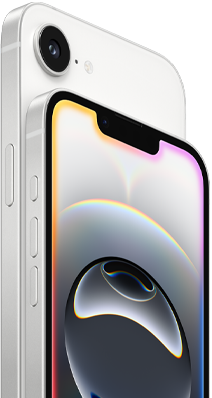 Side view of iPhone 16e in White finish, side exterior, action button, volume buttons and back Fusion camera