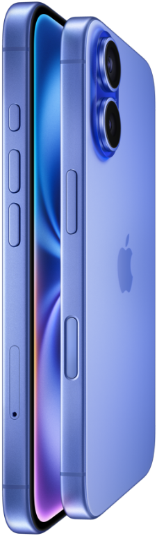 Two iPhone 16 devices, side exterior, stacked facing each other in Ultramarine finishes, volume buttons, Action button, Side button, Camera Control button, Apple logo in center, raised Advanced dual-camera system